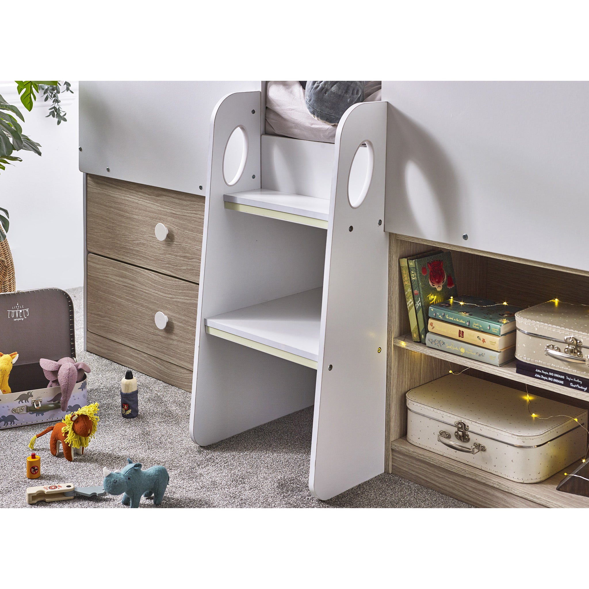 House Style Midsleeper Bed with Storage in Wood and White